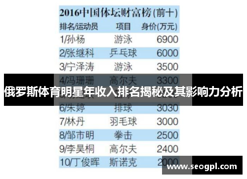 俄罗斯体育明星年收入排名揭秘及其影响力分析