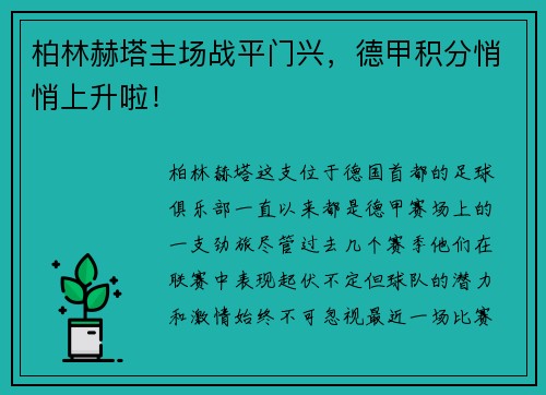 柏林赫塔主场战平门兴，德甲积分悄悄上升啦！