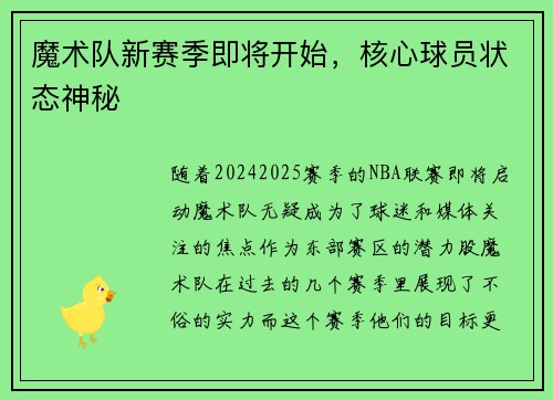 魔术队新赛季即将开始，核心球员状态神秘